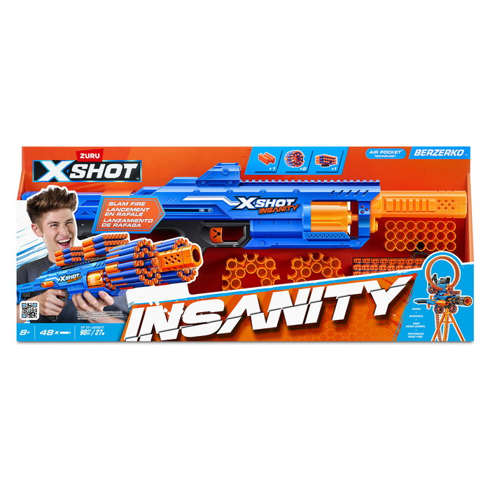 ZURU XSHOT Insanity Berzerko Pistola de juguete con 48 dardos, alcance 27 m, para niños 8+ años, manual en francés