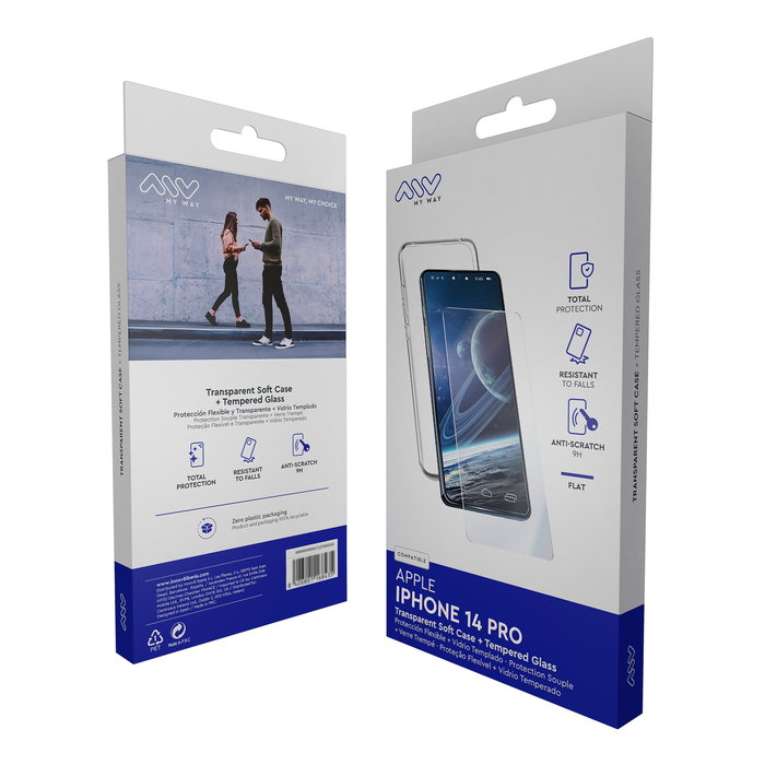 Myway Carcasa Transparente TPU y Protector Pantalla Vidrio Templado 9H para Apple iPhone 14 Pro Fina Ligera Alta Protección Antihuellas