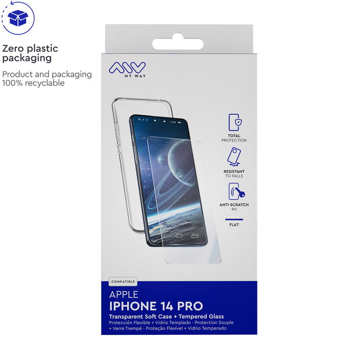 Myway Carcasa Transparente TPU y Protector Pantalla Vidrio Templado 9H para Apple iPhone 14 Pro Fina Ligera Alta Protección Antihuellas
