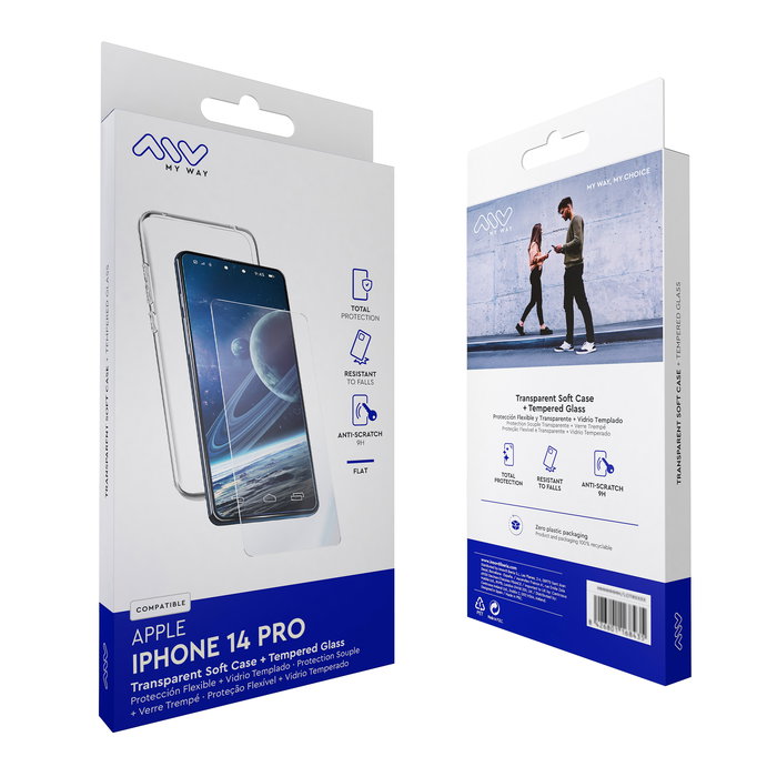 Myway Carcasa Transparente TPU y Protector Pantalla Vidrio Templado 9H para Apple iPhone 14 Pro Fina Ligera Alta Protección Antihuellas