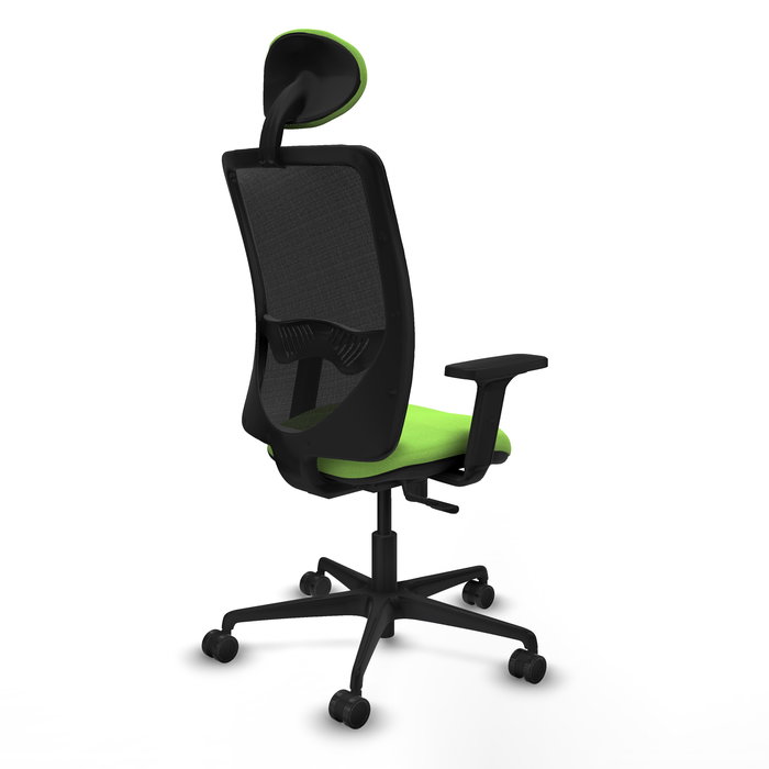 Silla de oficina Zulema con mecanismo Sincro tapizada con Tela color Pistacho y malla color Negro. Equipada con lumbar 1D, Brazos 2D, Cabecero Fijo y Ruedas 65mm nailon
