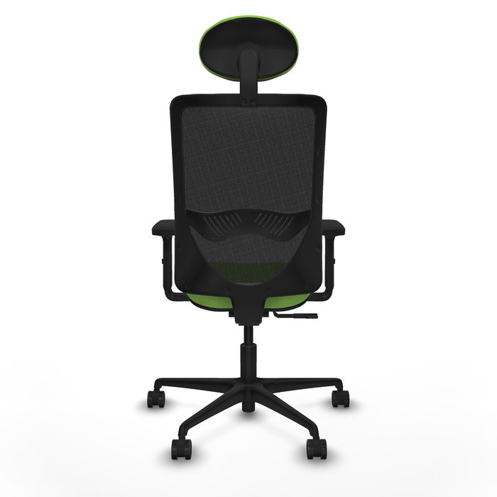 Silla de oficina Zulema con mecanismo Sincro tapizada con Tela color Pistacho y malla color Negro. Equipada con lumbar 1D, Brazos 2D, Cabecero Fijo y Ruedas 65mm nailon