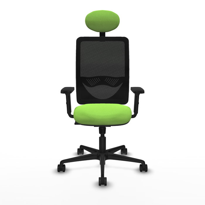 Silla de oficina Zulema con mecanismo Sincro tapizada con Tela color Pistacho y malla color Negro. Equipada con lumbar 1D, Brazos 2D, Cabecero Fijo y Ruedas 65mm nailon