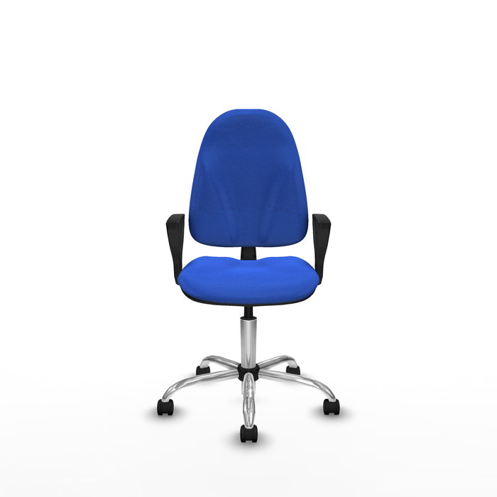 Silla de oficina Algarra con mecanismo Contacto permanente básico tapizada con Tela color Azul. Equipada con Base cromada, Brazos fijos y Ruedas de nailon 50 mm