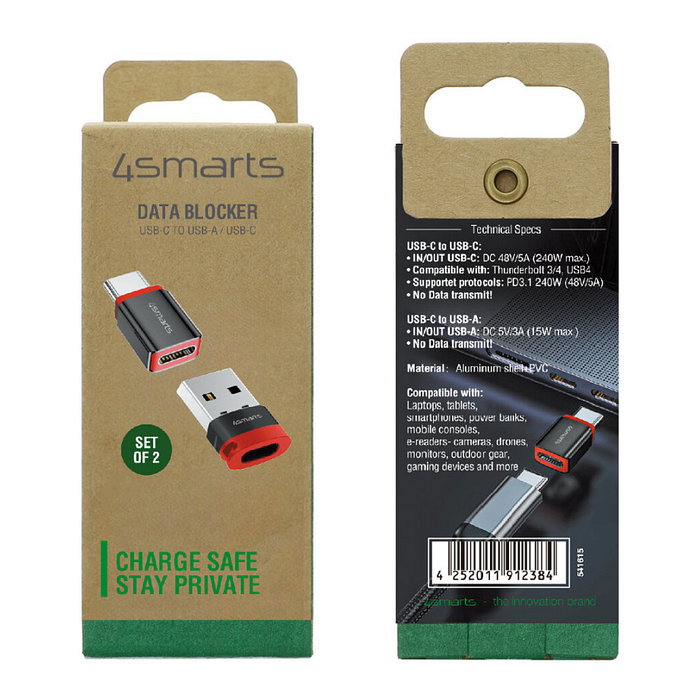 4smarts 541615 Adaptador USB-C a USB-A / USB-C Bloqueador de Datos, 2 Unidades, Negro