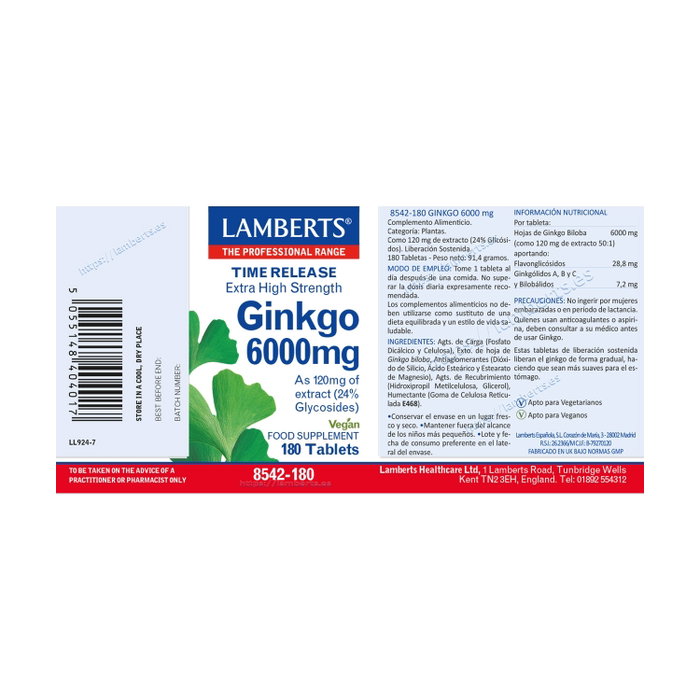 Lamberts Ginkgo Biloba 6000mg 180 Tabletas