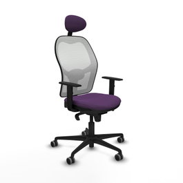 Silla de oficina Jorquera con mecanismo Sincro tapizada con Tela color Morado y malla color Blanco. Equipada con lumbar 1D, Brazos 1D, Cabecero Fijo y Ruedas 65 mm parqué