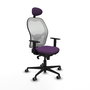Silla de oficina Jorquera con mecanismo Sincro tapizada con Tela color Morado y malla color Blanco. Equipada con lumbar 1D, Brazos 1D, Cabecero Fijo y Ruedas 65 mm parqué