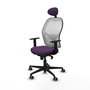 Silla de oficina Jorquera con mecanismo Sincro tapizada con Tela color Morado y malla color Blanco. Equipada con lumbar 1D, Brazos 1D, Cabecero Fijo y Ruedas 65 mm parqué