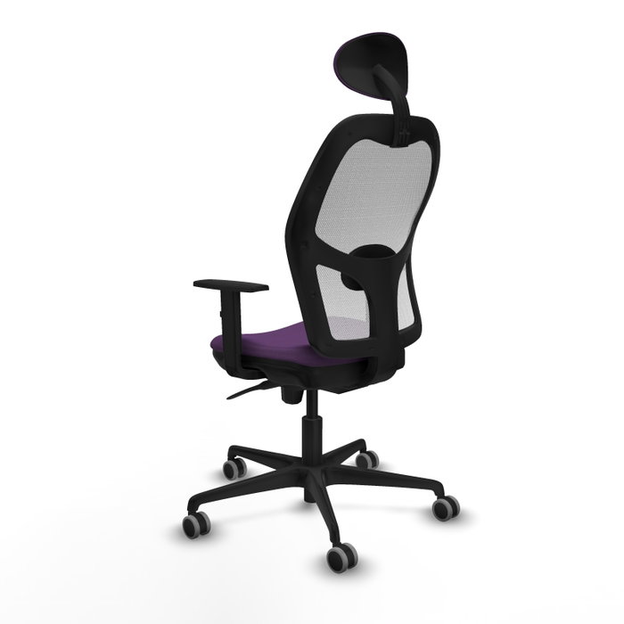 Silla de oficina Jorquera con mecanismo Sincro tapizada con Tela color Morado y malla color Blanco. Equipada con lumbar 1D, Brazos 1D, Cabecero Fijo y Ruedas 65 mm parqué