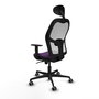 Silla de oficina Jorquera con mecanismo Sincro tapizada con Tela color Morado y malla color Blanco. Equipada con lumbar 1D, Brazos 1D, Cabecero Fijo y Ruedas 65 mm parqué