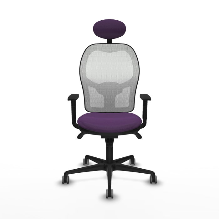 Silla de oficina Jorquera con mecanismo Sincro tapizada con Tela color Morado y malla color Blanco. Equipada con lumbar 1D, Brazos 1D, Cabecero Fijo y Ruedas 65 mm parqué