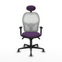 Silla de oficina Jorquera con mecanismo Sincro tapizada con Tela color Morado y malla color Blanco. Equipada con lumbar 1D, Brazos 1D, Cabecero Fijo y Ruedas 65 mm parqué