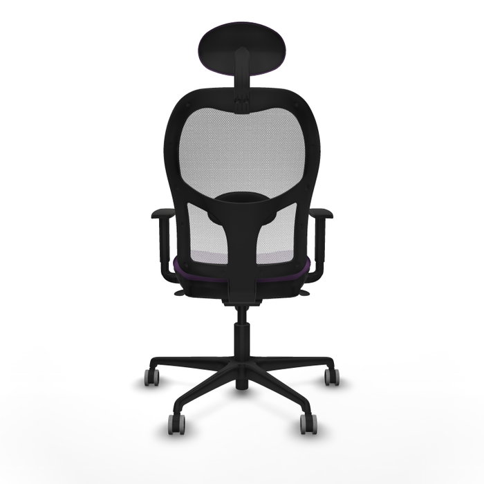 Silla de oficina Jorquera con mecanismo Sincro tapizada con Tela color Morado y malla color Blanco. Equipada con lumbar 1D, Brazos 1D, Cabecero Fijo y Ruedas 65 mm parqué