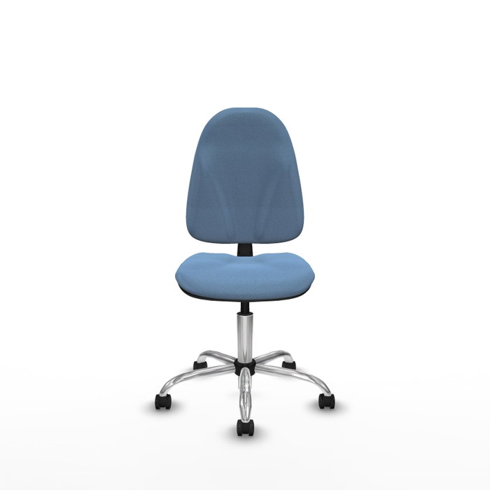 Silla de oficina Algarra con mecanismo Contacto permanente básico tapizada con Tela color Azul cielo. Equipada con Base cromada, Sin brazos y Ruedas autofrenantes