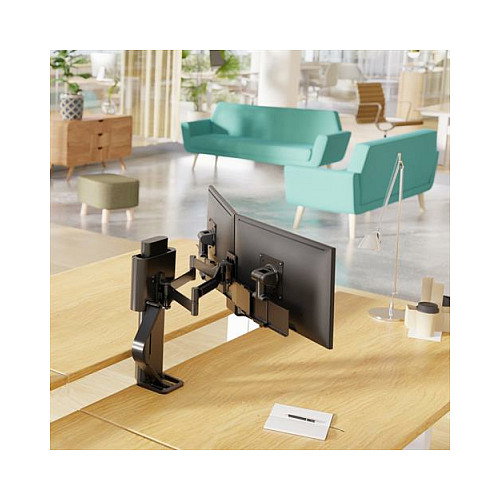 Ergotron TRACE 45-631-224 Soporte Doble Monitor hasta 27", Abrazadera Escritorio, Ajuste Altura, Negro, Capacidad 9.8 kg, VESA 100x100 mm