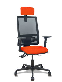 Silla de oficina Bormate con mecanismo Asincro tapizada con Tela color Naranja oscuro y malla color Negro. Equipada con lumbar 1D, Brazos 2D, Cabecero 2D y Ruedas 65mm nailon