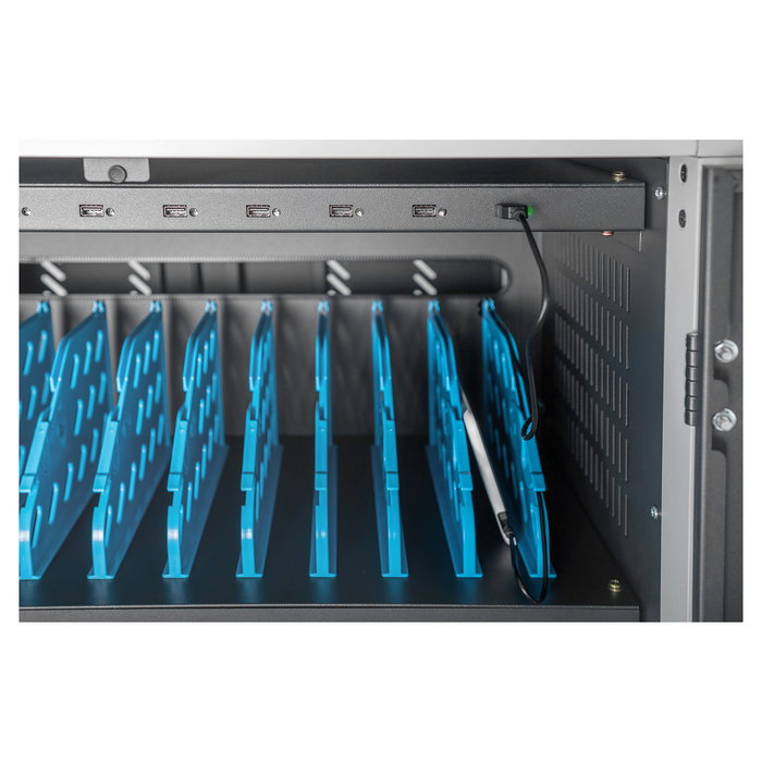 Digitus Armario de Carga Móvil para 30 Notebooks/Tablets hasta 15.6", Sincronización de Datos, UV-C, USB-A, Carro de Gestión y Carga, Negro