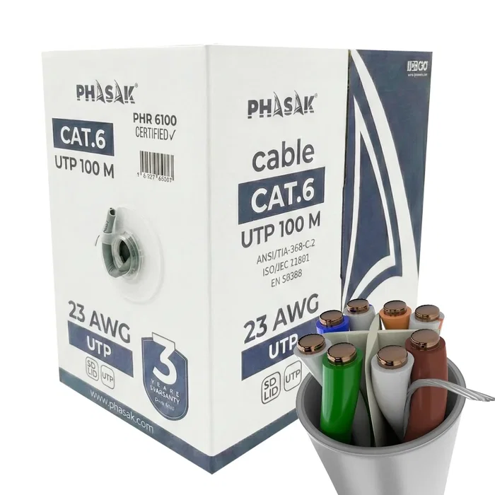Phasak Bobina de Cable Cat.6 UTP AWG23 CCA Sólido 100m Gris PHR 6100 Phasak Bobina de Cable Cat.6 UTP AWG23 CCA Sólido 100m Gris PHR 6100