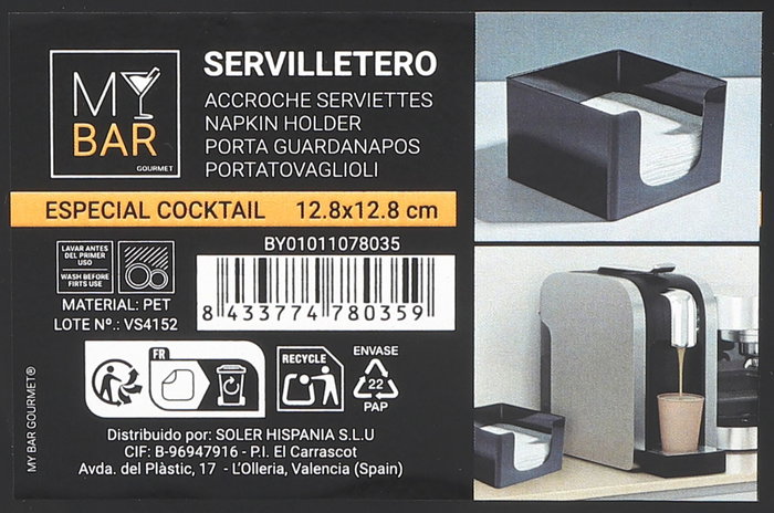 Inde Servilletero Cocktail Plástico 12.6 cm x 8.7 cm x 12.6 cm My Bar (24 Unidades)