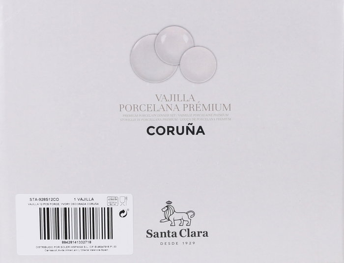 Santa Clara Vajilla 12 Piezas Porcelana Ivory Coruña Decoración Digital Relieve