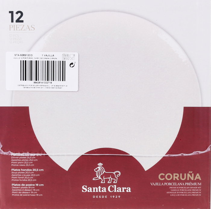 Santa Clara Vajilla 12 Piezas Porcelana Ivory Coruña Decoración Digital Relieve