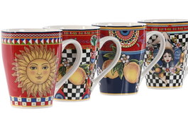 DKD Home Decor Mug Porcelana Sicilia 2024 Rojo Amarillo Limones Apto Microondas Lavavajillas 350ml 8.5x11x12 cm (12 Unidades)