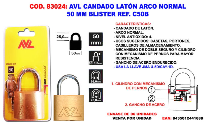 AVL Candado de Latón Finstock C50B de 50 mm AVL Candado de Latón Finstock C50B de 50 mm
