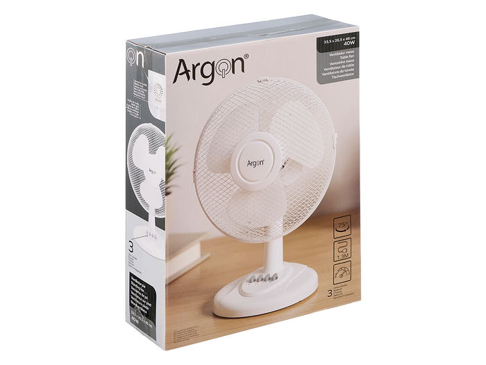 Argon - Ventilador de Mesa 40W Blanco, 33x47x27cm, 3 Velocidades, Oscilación, Giro 75° y Cabezal Inclinable