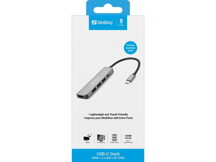 Sandberg USB-C Dock HDMI+3xUSB+PD 100W para conectar monitor, TV o proyector y periféricos USB con carga rápida Sandberg USB-C Dock HDMI+3xUSB+PD 100W para conectar monitor, TV o proyector y periféricos USB con carga rápida