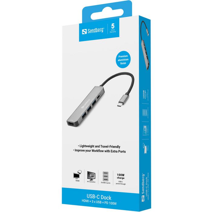 Sandberg USB-C Dock HDMI+3xUSB+PD 100W para conectar monitor, TV o proyector y periféricos USB con carga rápida Sandberg USB-C Dock HDMI+3xUSB+PD 100W para conectar monitor, TV o proyector y periféricos USB con carga rápida