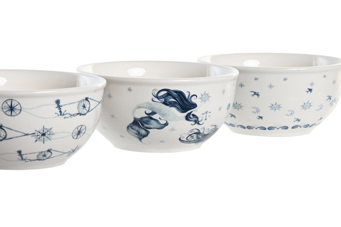 DKD Home Decor Set de 3 Cuencos Stella Maris de 600 ml, Multicolor y Blanco