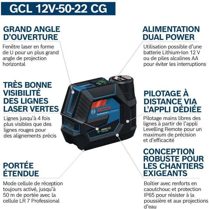 Bosch GCL 12V-50-22 CG Láser combinado (hasta 50 m, doble potencia, soporte RM 20, 4 pilas LR6 (AA), estuche)