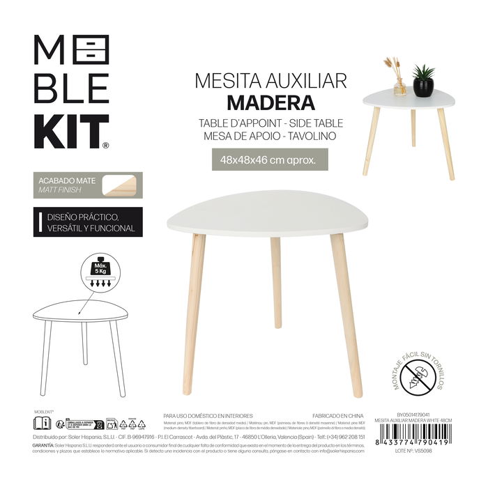 Inde - Mesita Auxiliar de Madera, Color Blanco, Dimensiones 49.5 x 49 x 5.5 cm (6 Unidades)