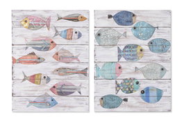 DKD Home Decor Cuadro Lienzo y MDF Multicolor Blanco Peces Hecho a Mano 3 x 80 x 60 cm (4 Unidades)