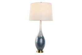 DKD Home Decor Lámpara de Sobremesa Cristal y Lino Bicolor Azul