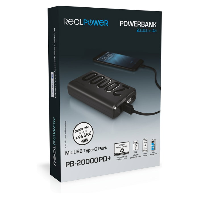 Realpower Powerbank RealPower PB-20000PD+ 20000 mAh Negro Carga Rápida Power Delivery USB Tipo-C 2 Puertos USB-A