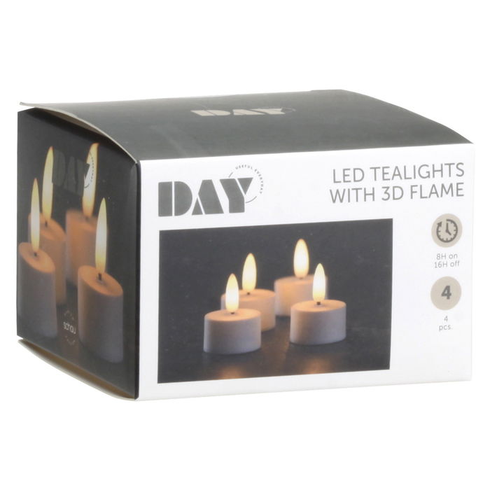 Day Juego de 4 Velas LED con Temporizador, Luz Blanca Cálida (2250K), Pilas CR2032 Incluidas