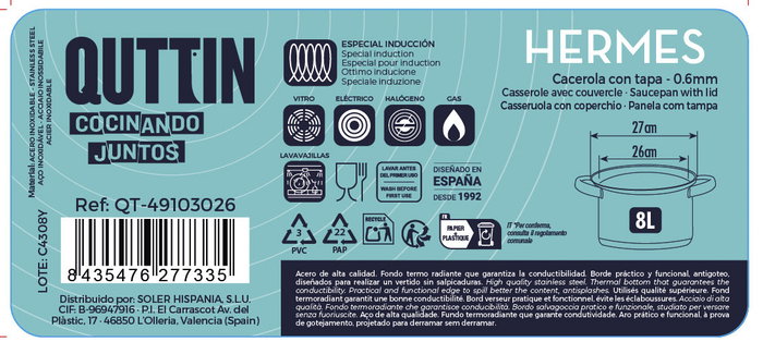 Inde Cacerola 26 cm (8L) Acero Inoxidable con Tapa "Hermes" Qt 37x28x16.5cm (4 Unidades)