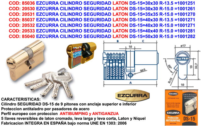 EZCURRA Cilindro de Seguridad DS-15 30x30 R-13.5