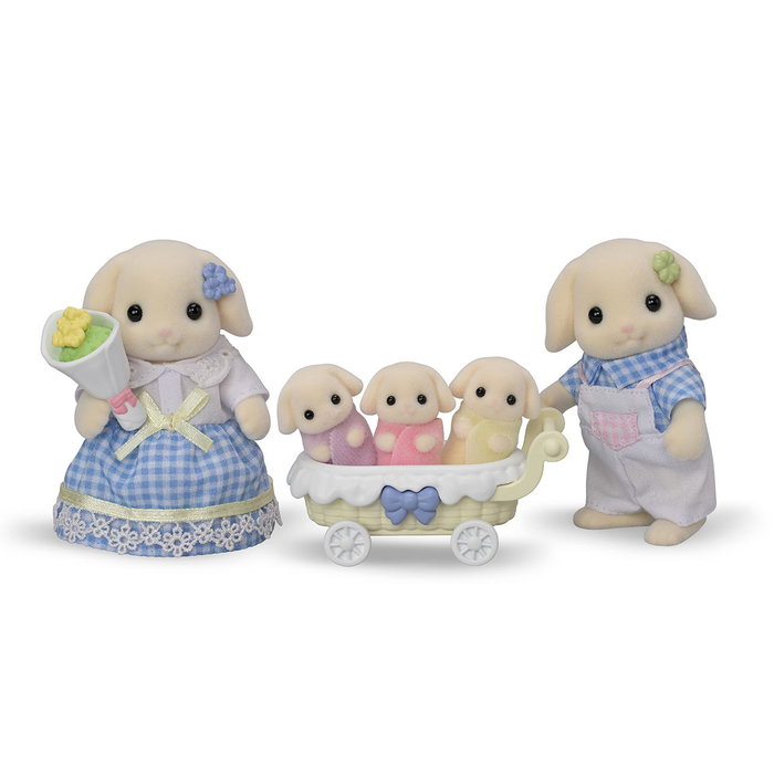 Sylvanian Families Familia Conejo Flora con 2 adultos, 3 trillizos y carrito