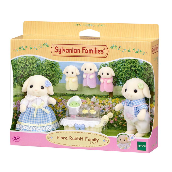 Sylvanian Families Familia Conejo Flora con 2 adultos, 3 trillizos y carrito