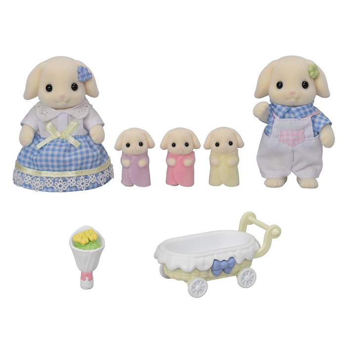 Sylvanian Families Familia Conejo Flora con 2 adultos, 3 trillizos y carrito