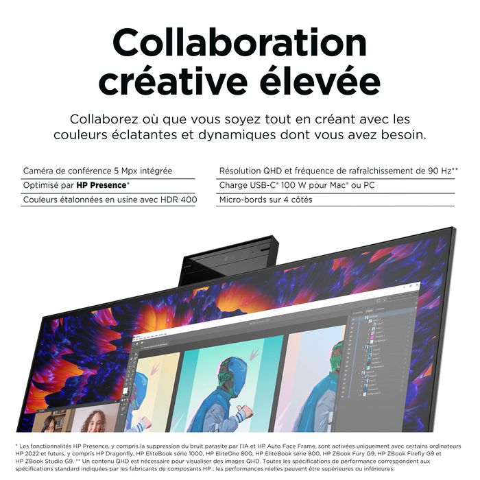 HP Z24m G3 Monitor 60,5 cm (23,8 Pulgadas) QHD USB-C 100W HDR 90 Hz con Webcam 5 MP, Altavoces y Micrófono Integrados - Pantalla sin Bordes para Conferencias y Creatividad