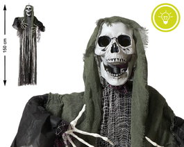 Esqueleto Decorativo Colgante 150 cm con Túnica de Tela Verde y Luces LED para Halloween, Decoración Tenebrosa y Fiestas de Terror