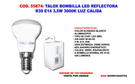 TALOX Bombilla LED Reflectora R39 E14 3,5W 3000K Luz Cálida