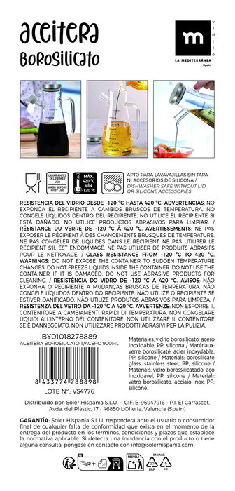 La Mediterran Aceitera Borosilicato con Tapa de Acero Inoxidable 900 ml (16 x 10.8 x 22.2 cm) (12 Unidades) La Mediterran Aceitera Borosilicato con Tapa de Acero Inoxidable 900 ml (16 x 10.8 x 22.2 cm) (12 Unidades)