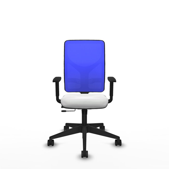 Silla de oficina Motilla con mecanismo Sincro/Traslack tapizada con Tela color Blanco y malla color Azul. Equipada con lumbar 1D, Brazos 1D y Ruedas 65mm nailon