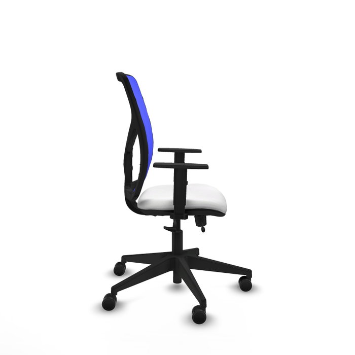 Silla de oficina Motilla con mecanismo Sincro/Traslack tapizada con Tela color Blanco y malla color Azul. Equipada con lumbar 1D, Brazos 1D y Ruedas 65mm nailon