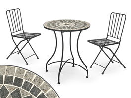 IBERGARDEN Set Mesa Mosaico Gris y 2 Sillas Forja Negra Metal Cerámica 100x30x65 cm